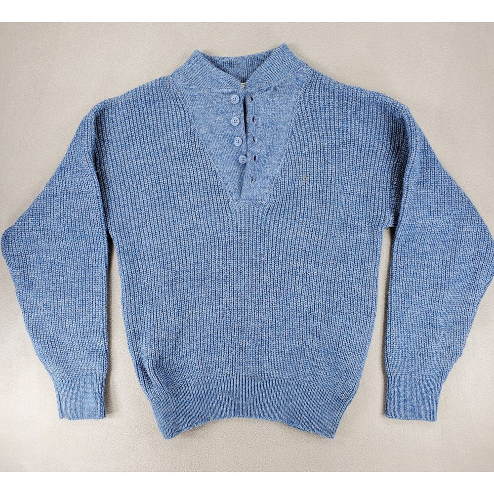 VINTAGE LL Bean Sweater Mens Medium Blue Henley Fisherman High Trek Yarn 70s